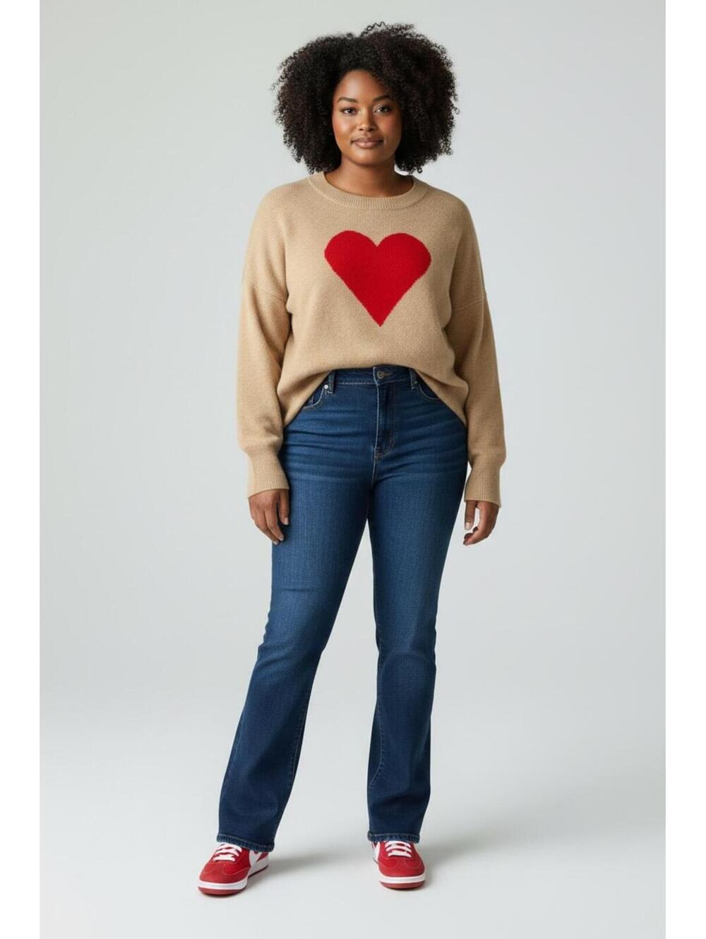 Vince Camuto Oversized Intarsia Red Heart Pullover Sweater Tan Long Sleeve, L